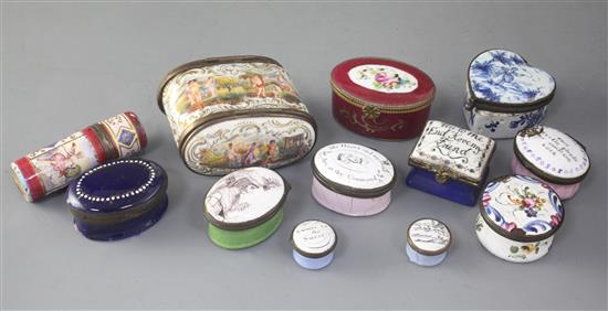 A collection of ten early 19th century and later enamel patch, pill and other boxes and two similar ceramic boxes, largest 2.75in.